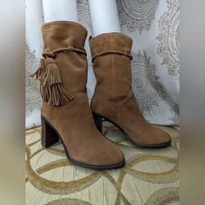 Boden Women's Brown Suede Boho Heeled Slouchy Pull On Boots W Tassle Sz 37/USA 7
